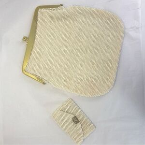 Vintage Handbag Cream Clutch Handbag Faux beads, Matching Set Change Purse Mini